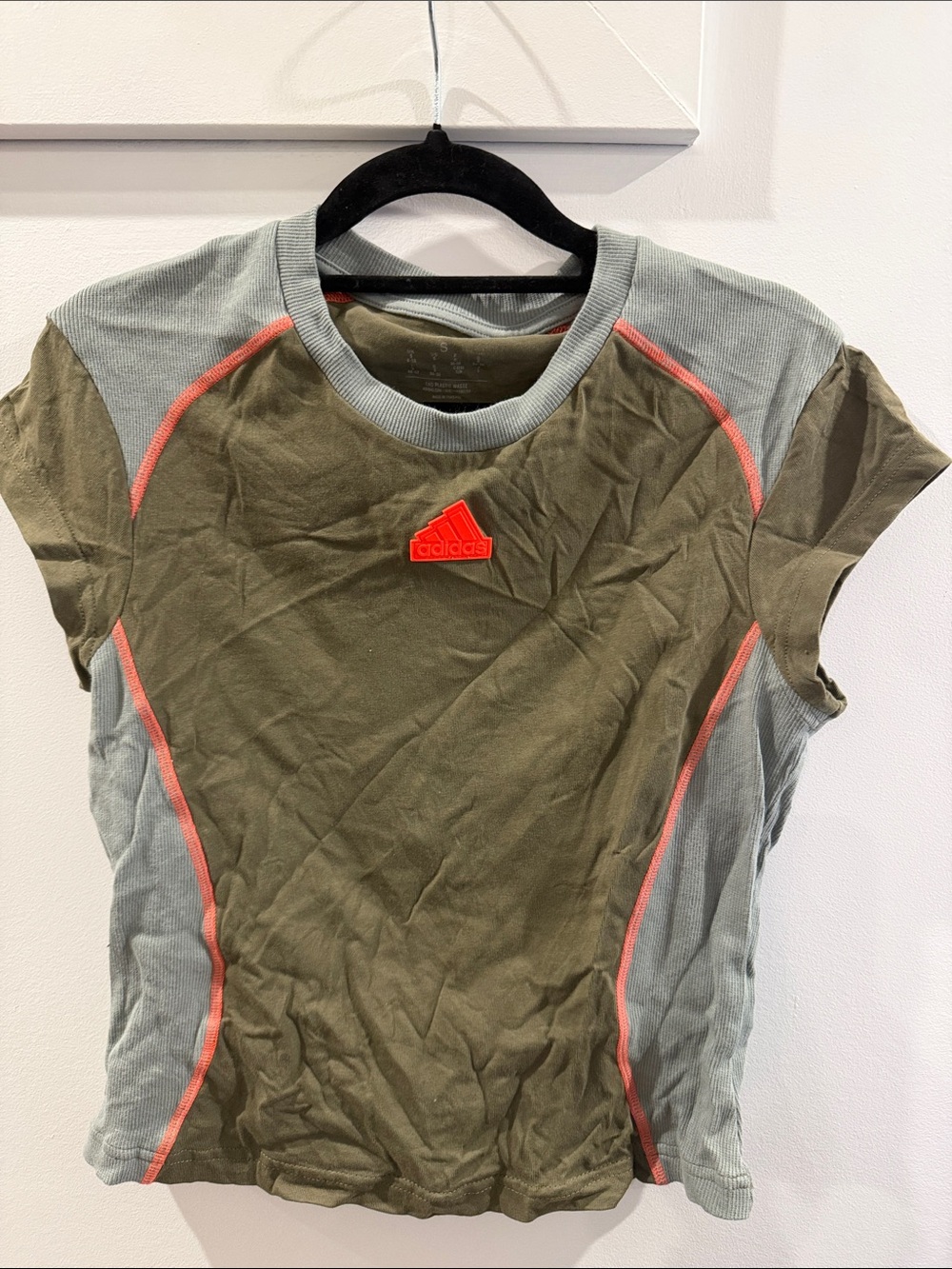 adidas Olive & Gray Short-Sleeve Athletic Tee with Coral Accents